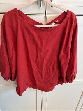 LOFT Red Balloon-Sleeve Linen-Blend Top